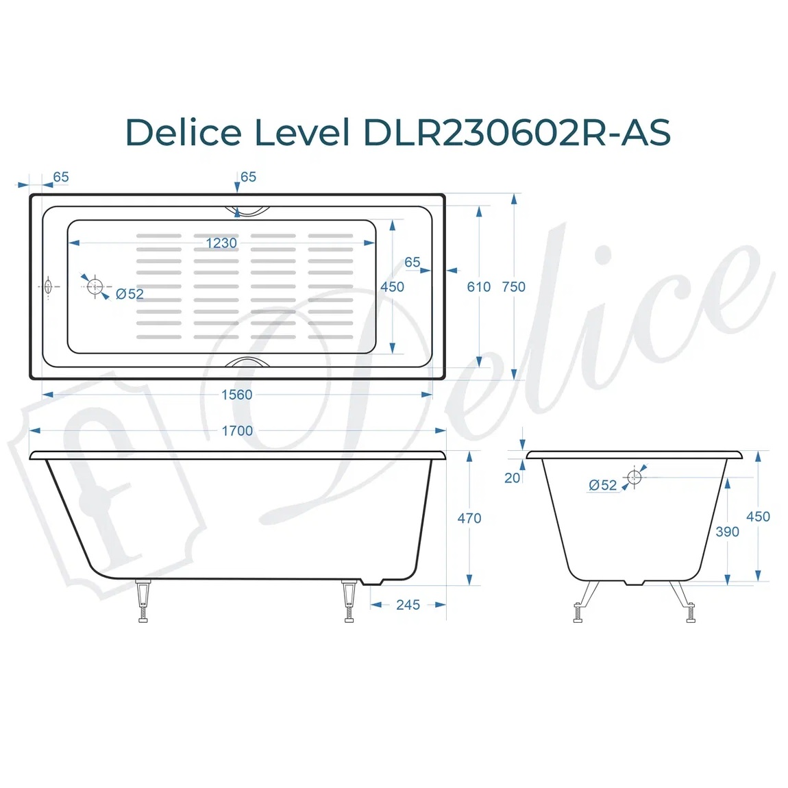 Ванна чугунная Delice Level DLR230602R-AS 170х75 (белый), встраиваемая с антискользящим покрытием и отверстиями под ручки