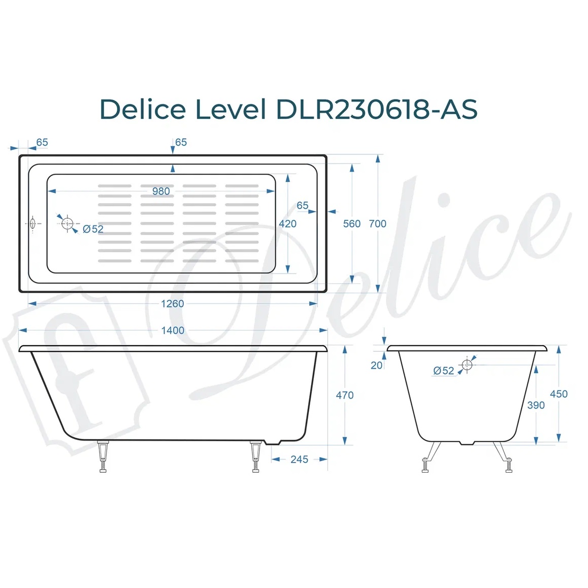 Ванна чугунная Delice Level DLR230618-AS 140х70 (белый), встраиваемая с антискользящим покрытием