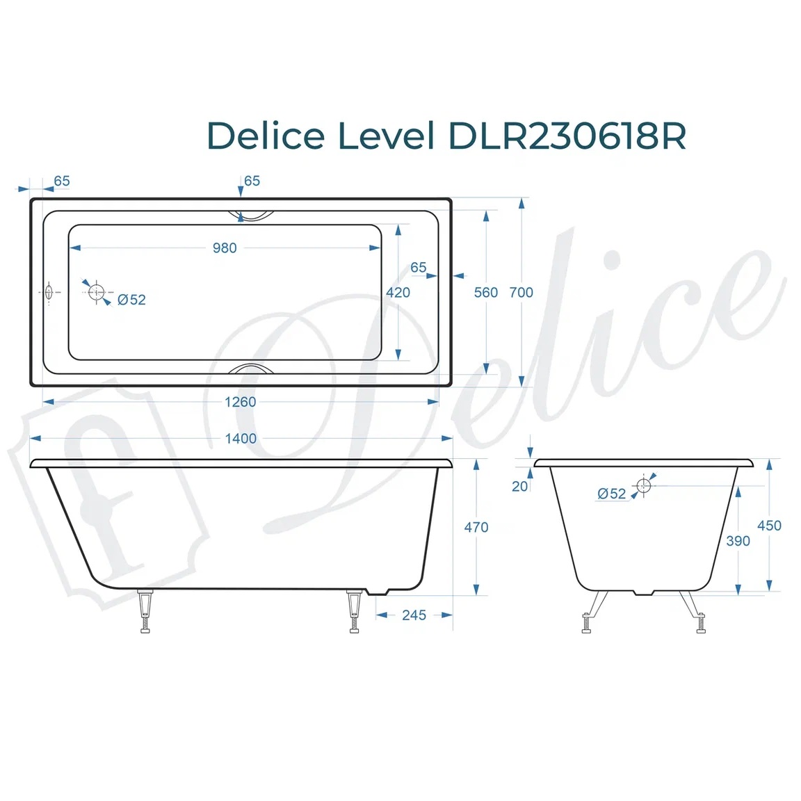 Ванна чугунная Delice Level DLR230618R 140х70 (белый), встраиваемая с отверстиями под ручки