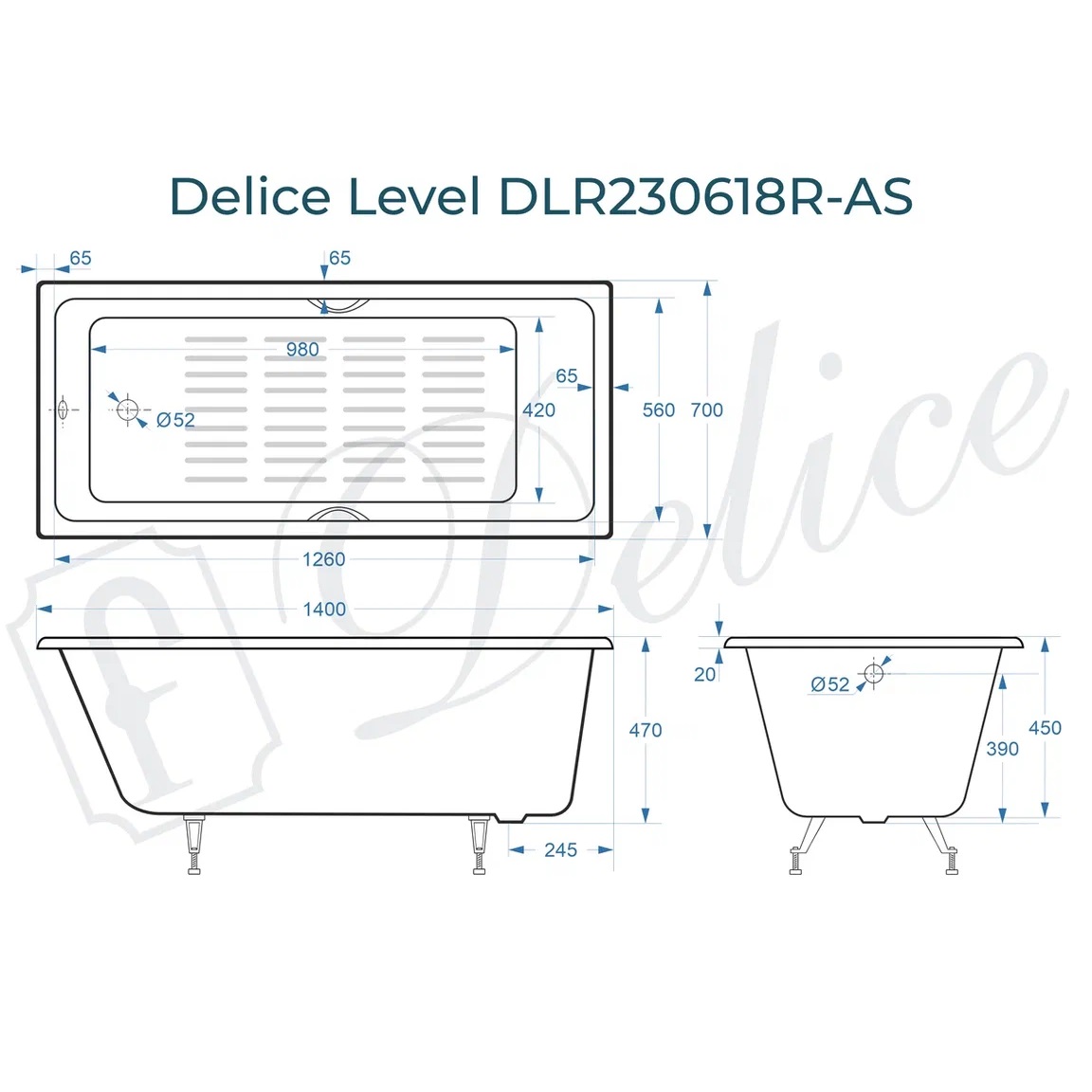 Ванна чугунная Delice Level DLR230618R-AS 140х70 (белый), встраиваемая с антискользящим покрытием и отверстиями под ручки