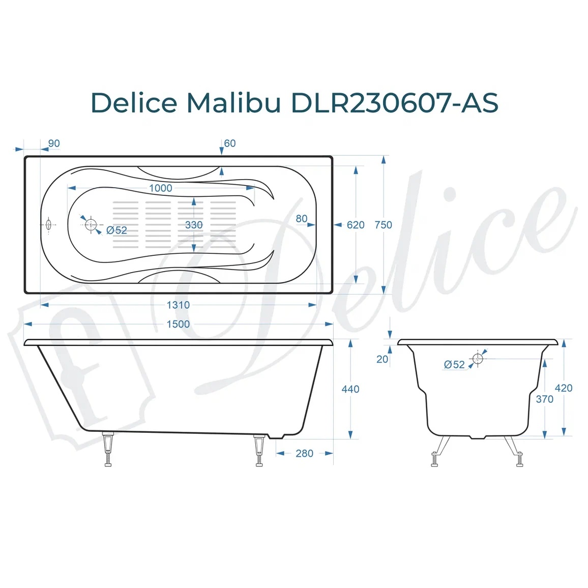 Ванна чугунная Delice Malibu DLR230607-AS 150х75 (белый), встраиваемая с антискользящим покрытием