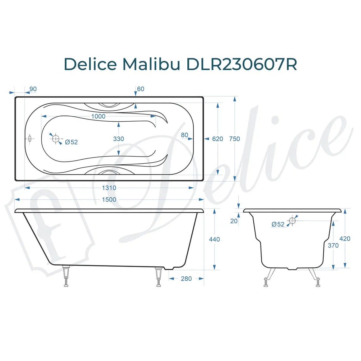 Ванна чугунная Delice Malibu DLR230607R 150х75 (белый), встраиваемая с отверстиями под ручки