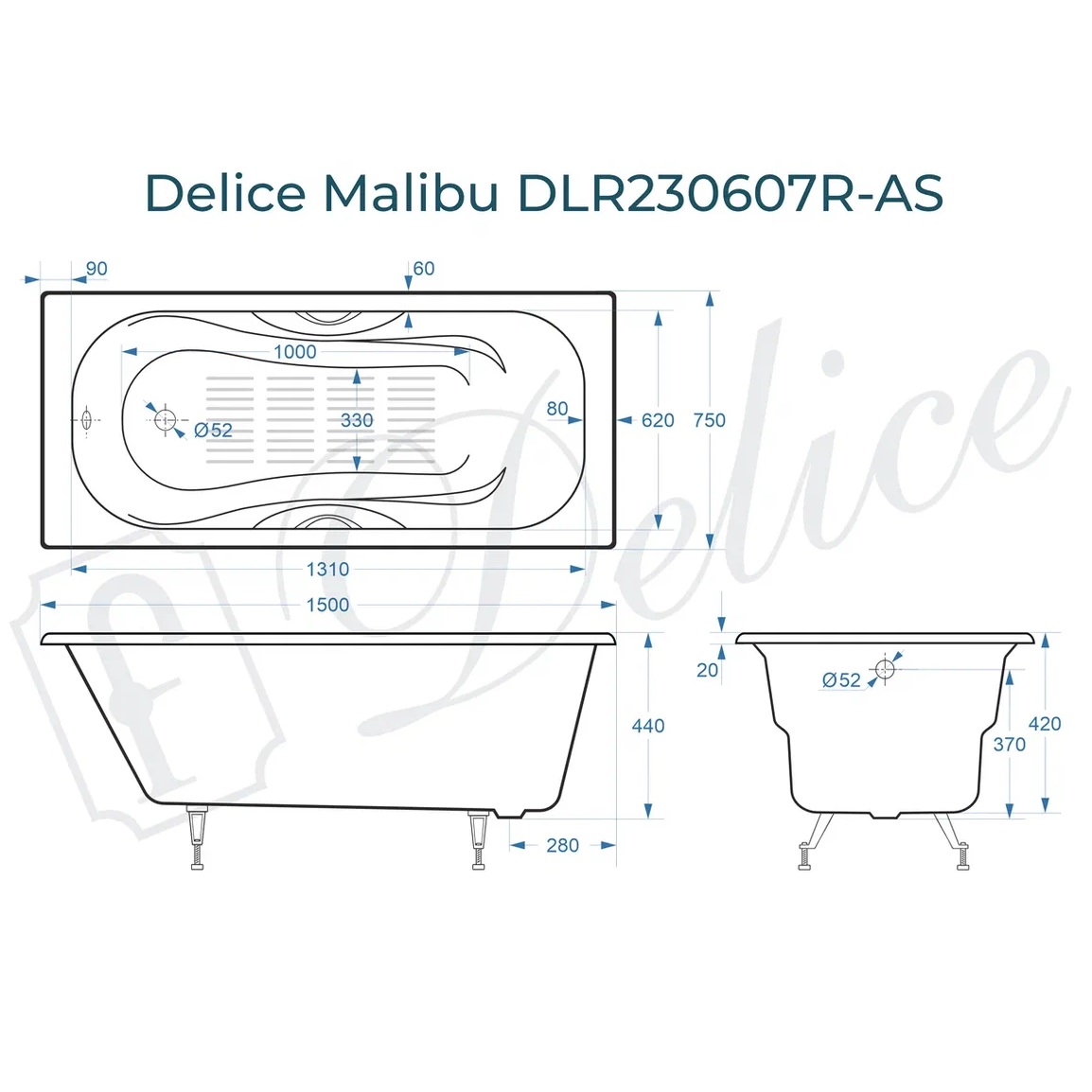 Ванна чугунная Delice Malibu DLR230607R-AS 150х75 (белый), встраиваемая с антискользящим покрытием и отверстиями под ручки