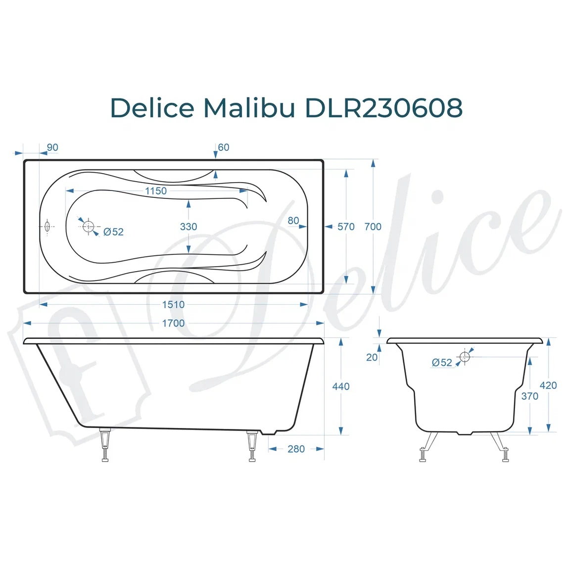 Ванна чугунная Delice Malibu DLR230608 170х70 (белый), встраиваемая