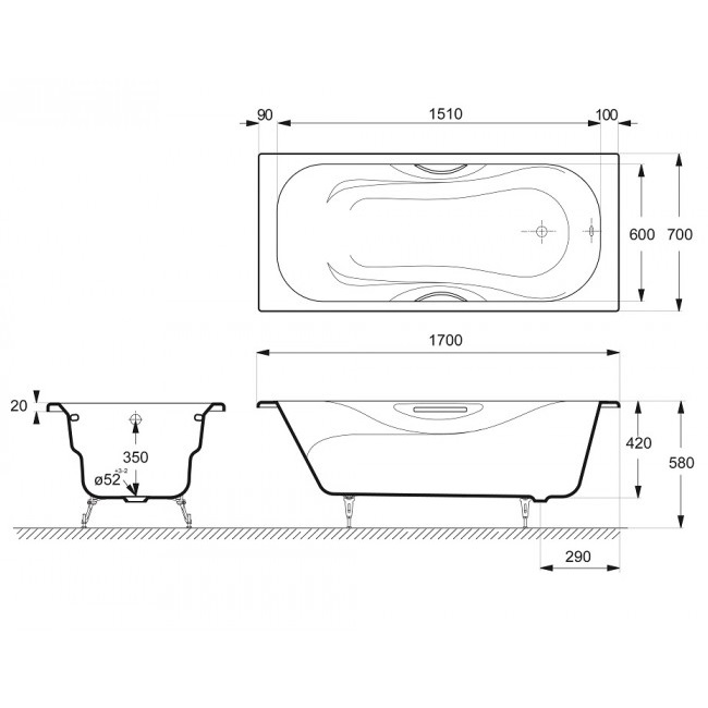 Ванна чугунная Delice Malibu DLR230608-AS 170х70 (белый), встраиваемая с антискользящим покрытием