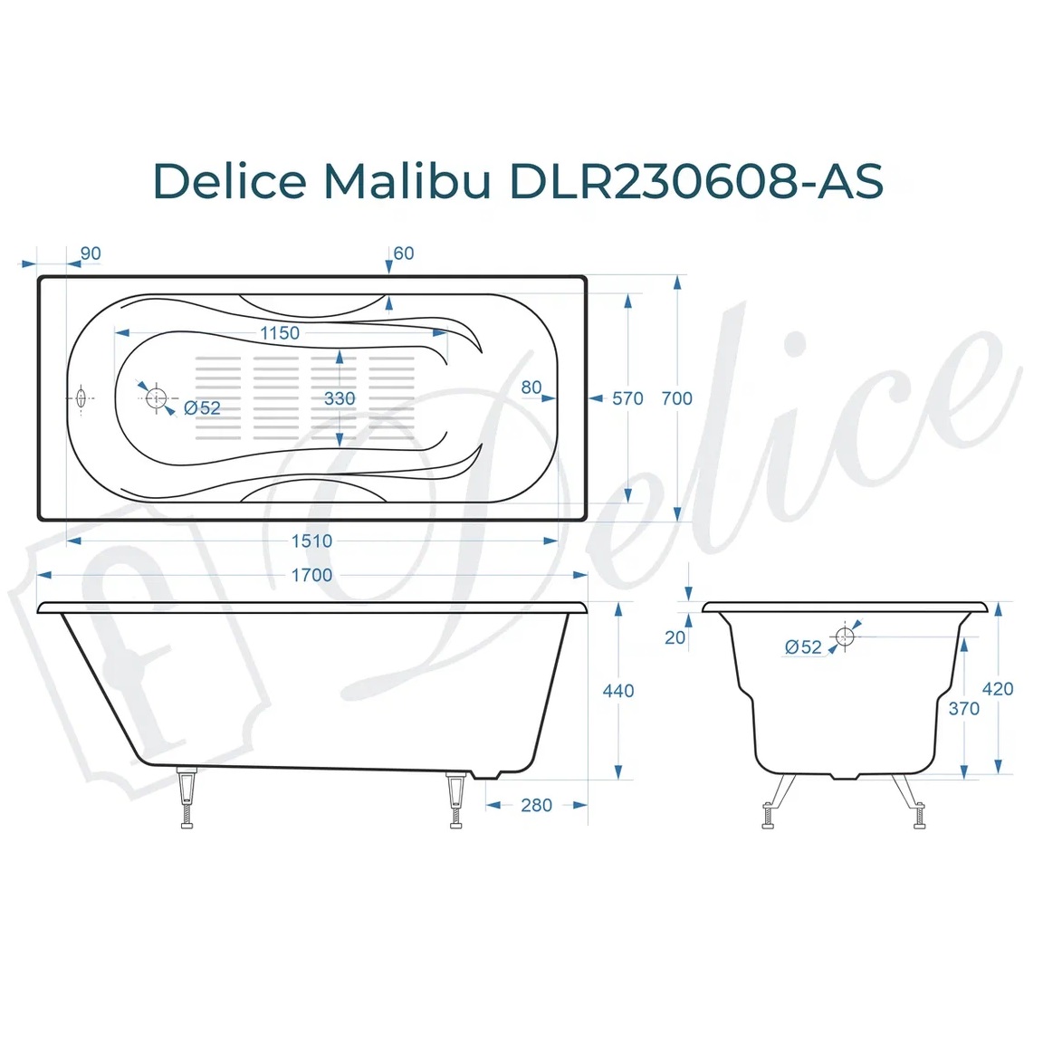 Ванна чугунная Delice Malibu DLR230608-AS 170х70 (белый), встраиваемая с антискользящим покрытием