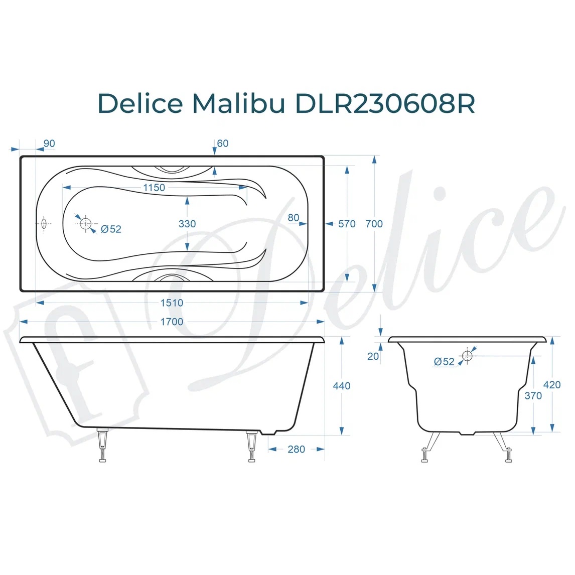 Ванна чугунная Delice Malibu DLR230608R 170х70 (белый), встраиваемая с отверстиями под ручки