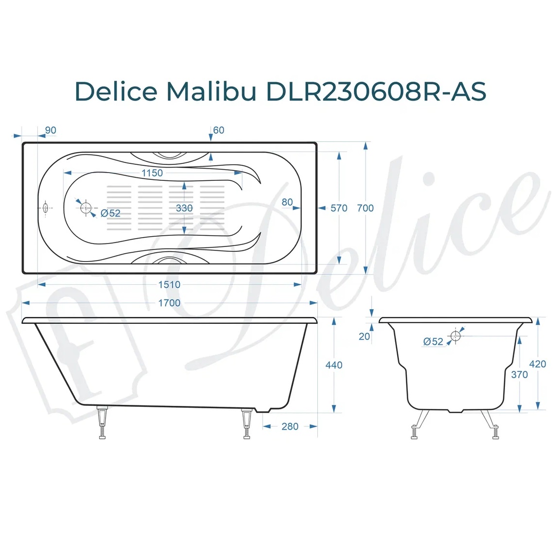 Ванна чугунная Delice Malibu DLR230608R-AS 170х70 (белый), встраиваемая с антискользящим покрытием и отверстиями под ручки