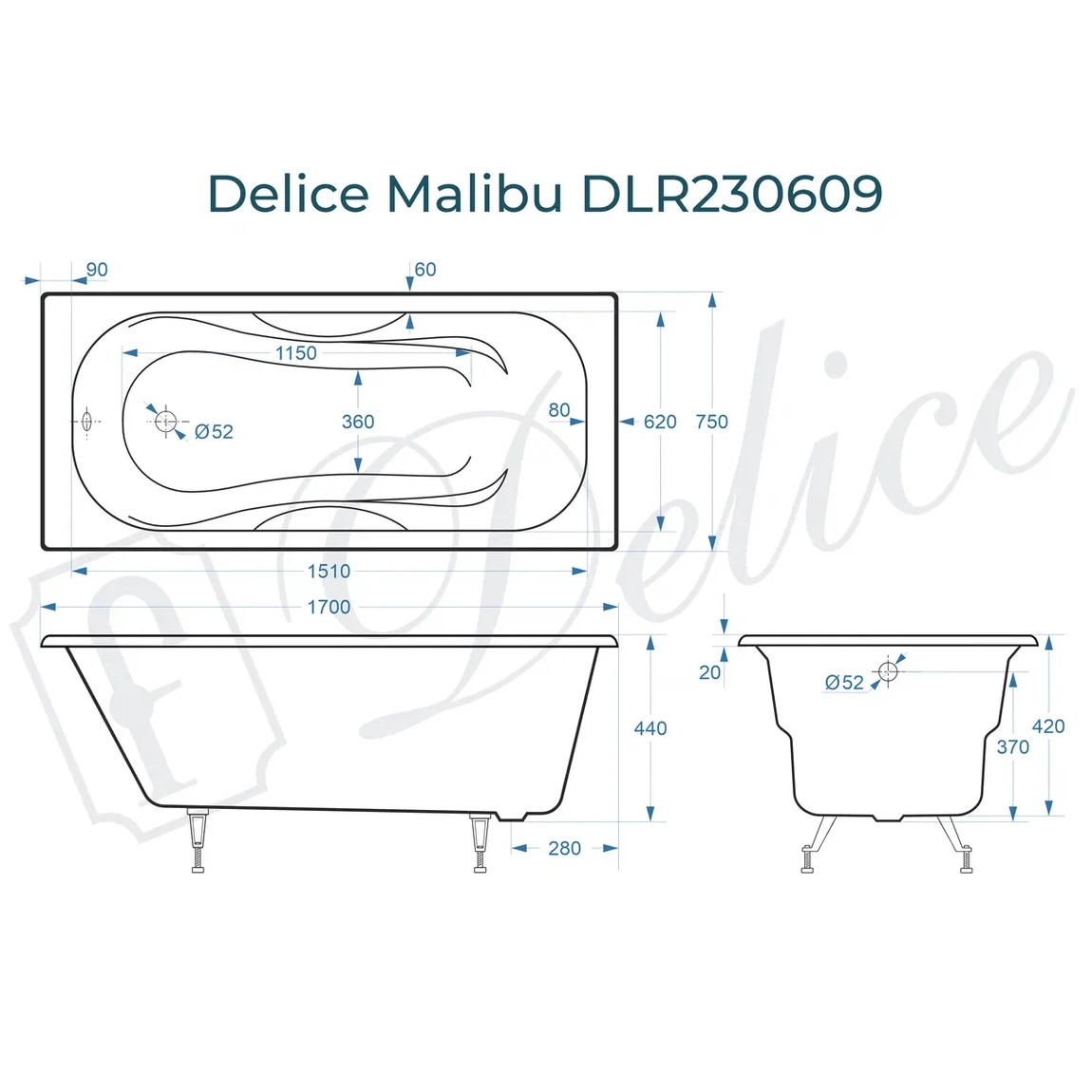 Ванна чугунная Delice Malibu DLR230609 170х75 (белый), встраиваемая