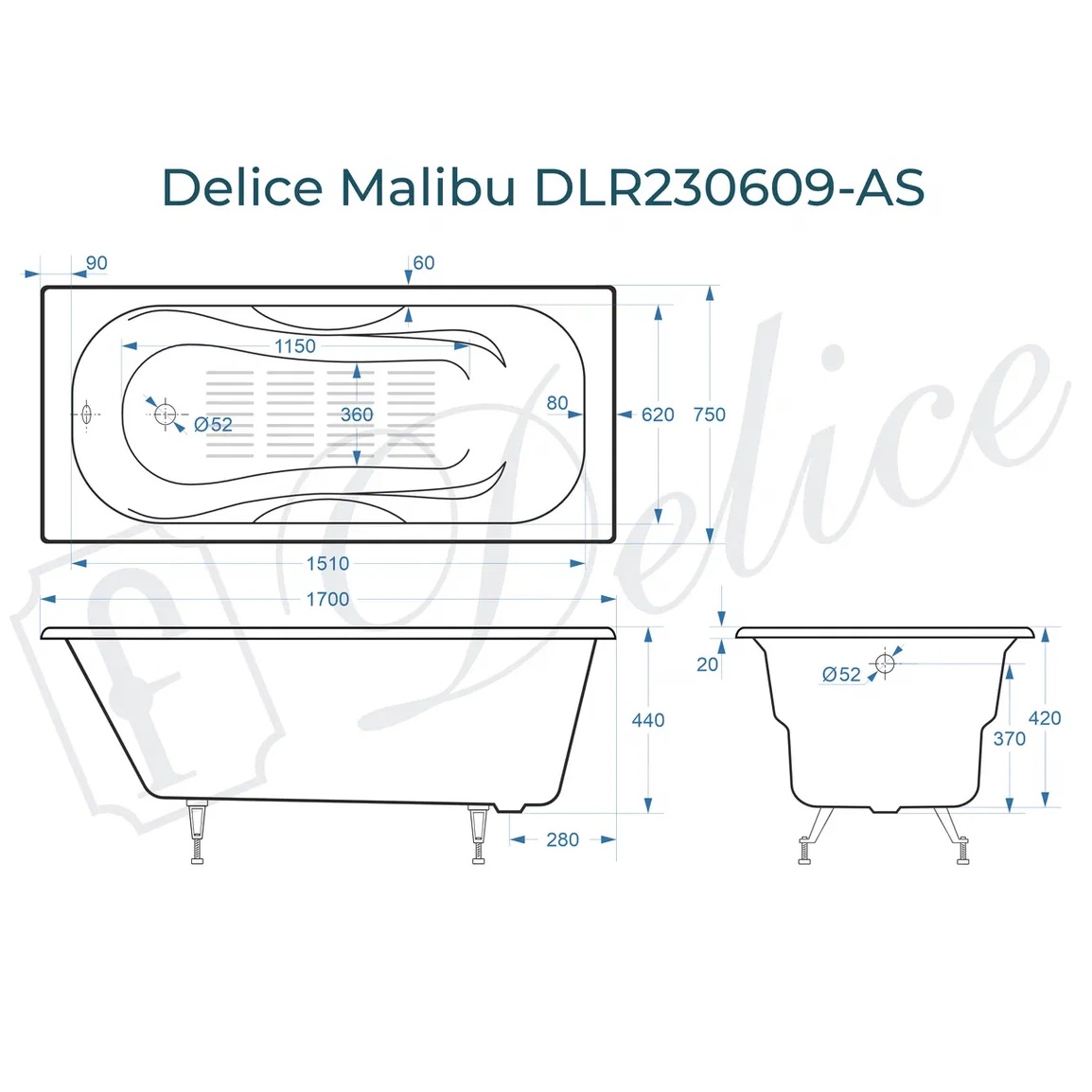 Ванна чугунная Delice Malibu DLR230609-AS 170х75 (белый), встраиваемая с антискользящим покрытием