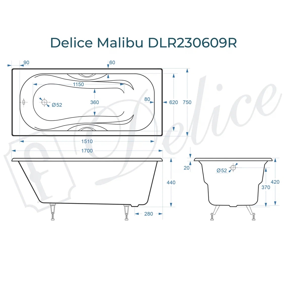 Ванна чугунная Delice Malibu DLR230609R 170х75 (белый), встраиваемая с отверстиями под ручки