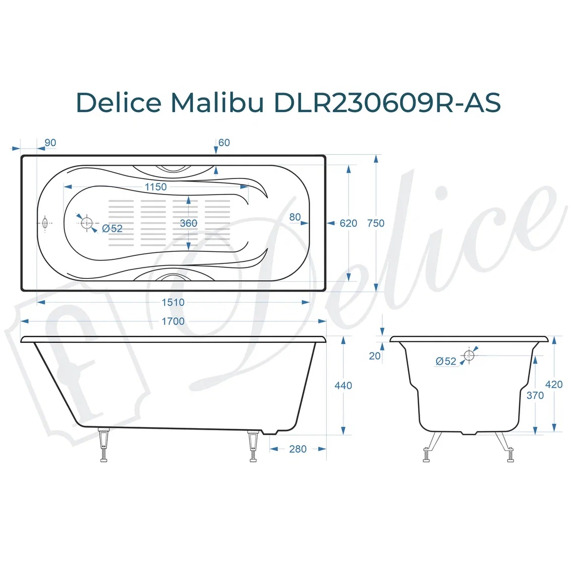 Ванна чугунная Delice Malibu DLR230609R-AS 170х75 (белый), встраиваемая с антискользящим покрытием и отверстиями под ручки