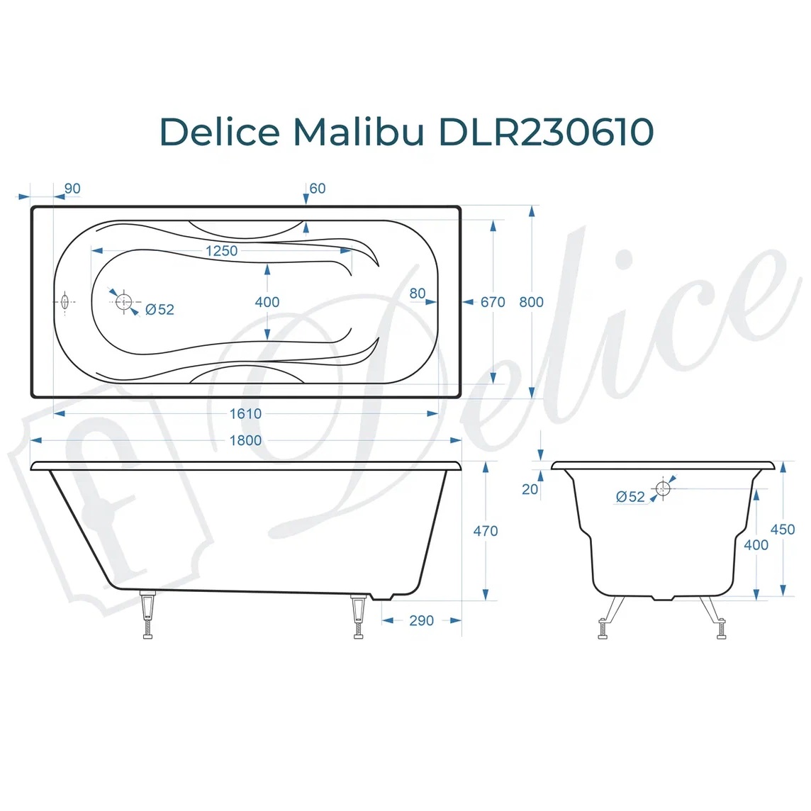 Ванна чугунная Delice Malibu DLR230610 180х80 (белый), встраиваемая