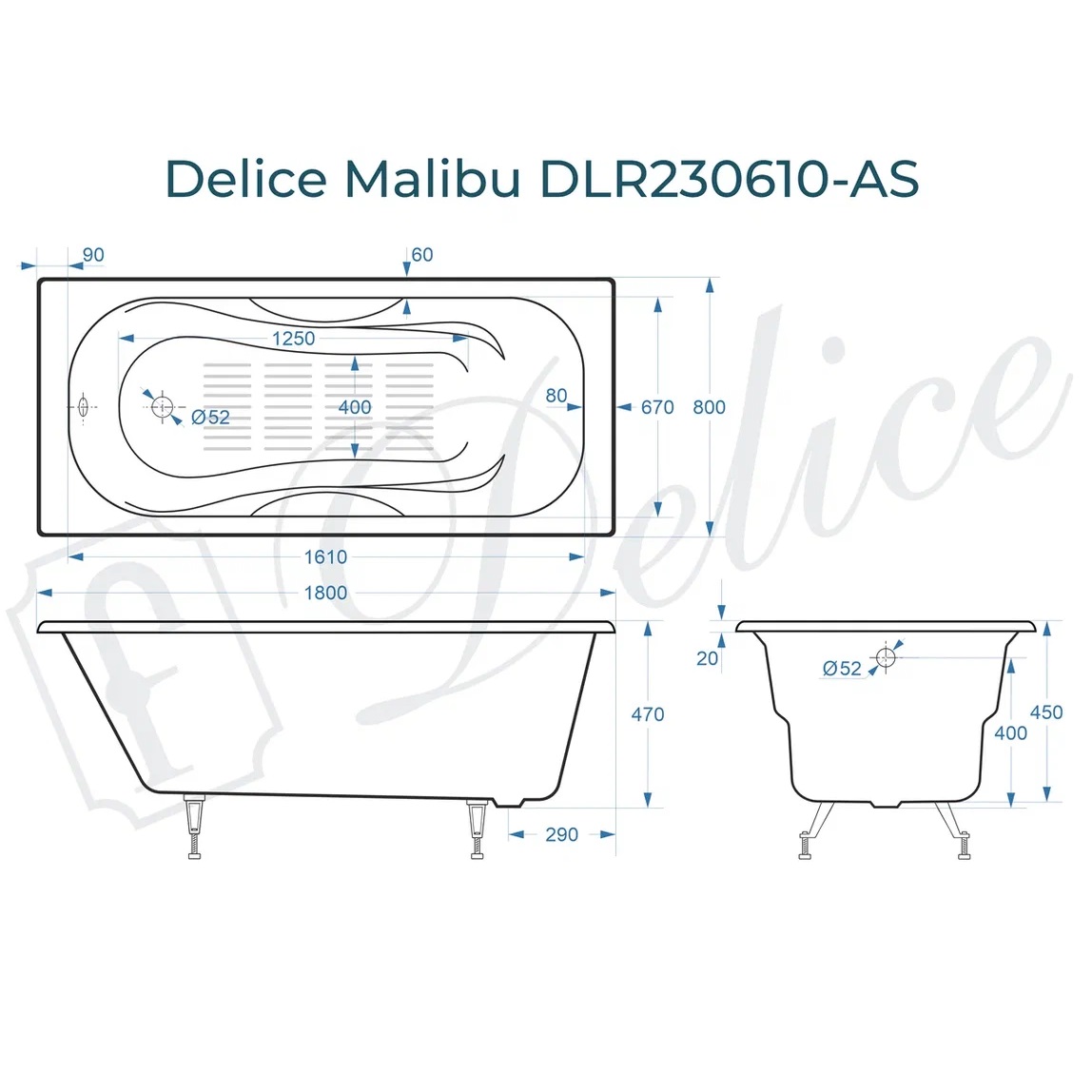 Ванна чугунная Delice Malibu DLR230610-AS 180х80 (белый), встраиваемая с антискользящим покрытием