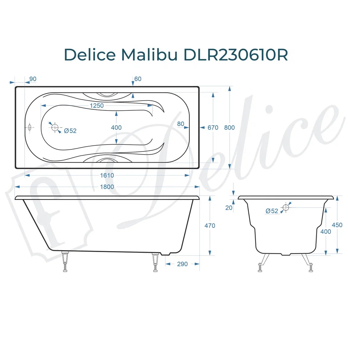 Ванна чугунная Delice Malibu DLR230610R 180х80 (белый), встраиваемая с отверстиями под ручки