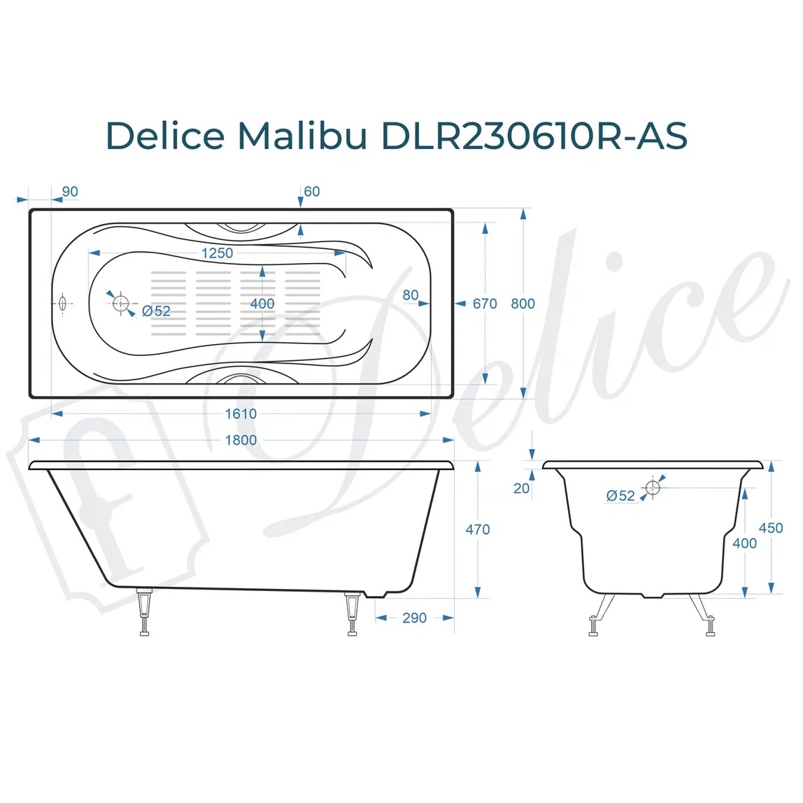 Ванна чугунная Delice Malibu DLR230610R-AS 180х80 (белый), встраиваемая с антискользящим покрытием и отверстиями под ручки