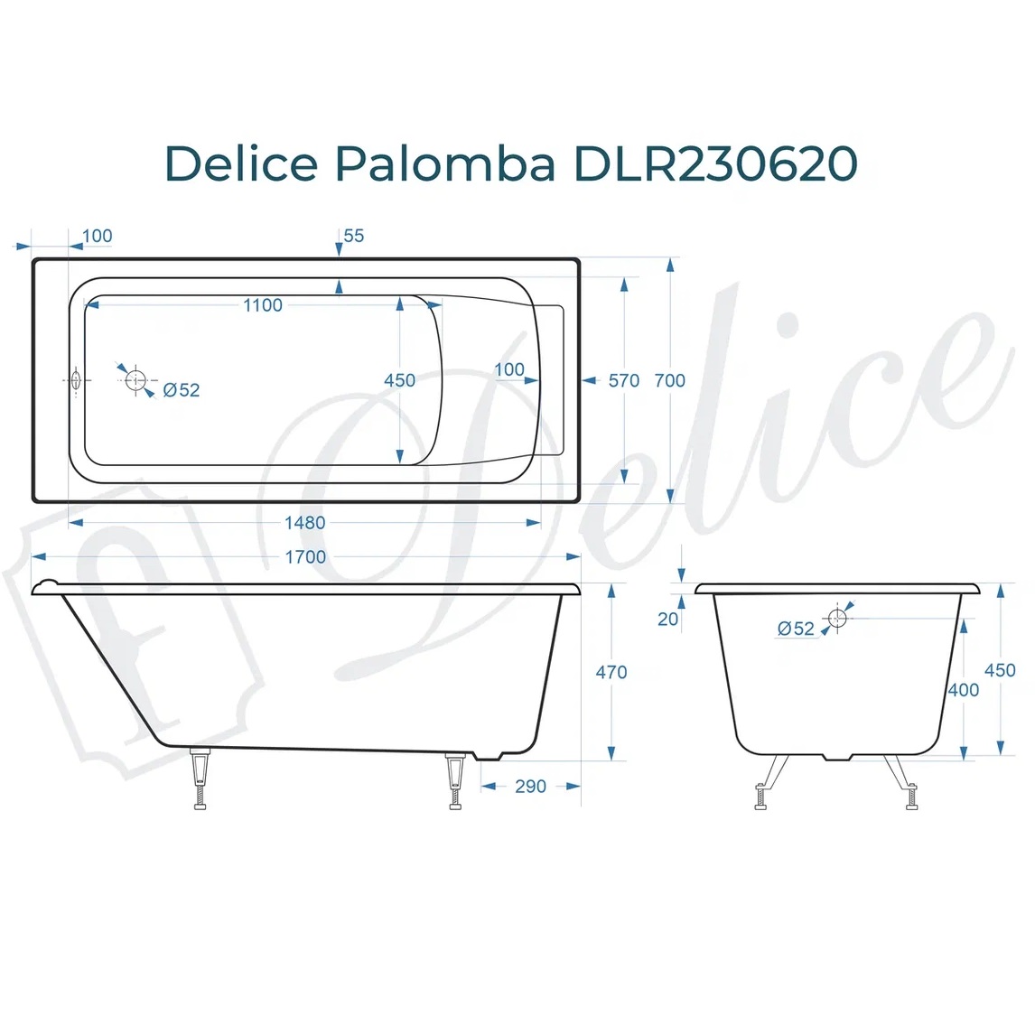 Ванна чугунная Delice Palomba DLR230620 170х70 (белый), встраиваемая