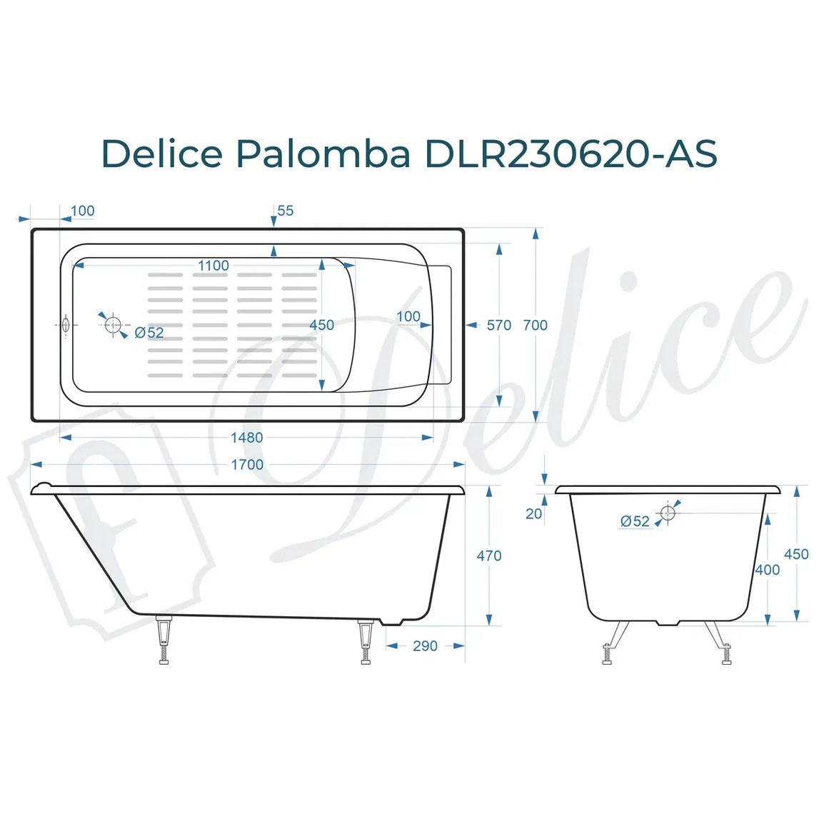 Ванна чугунная Delice Palomba DLR230620-AS 170х70 (белый), встраиваемая с антискользящим покрытием