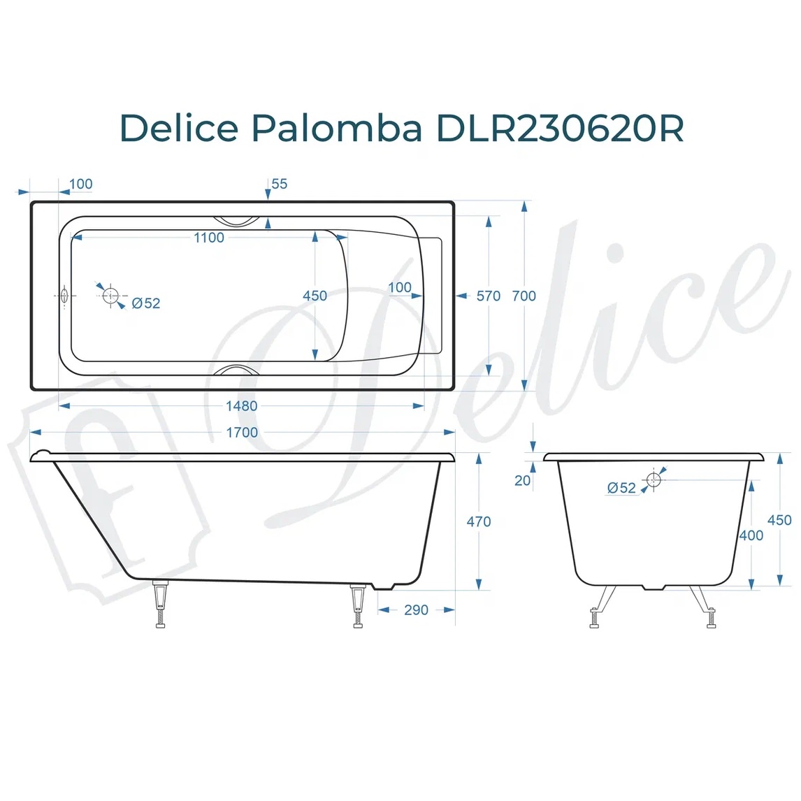 Ванна чугунная Delice Palomba DLR230620R 170х70 (белый), встраиваемая с отверстиями под ручки