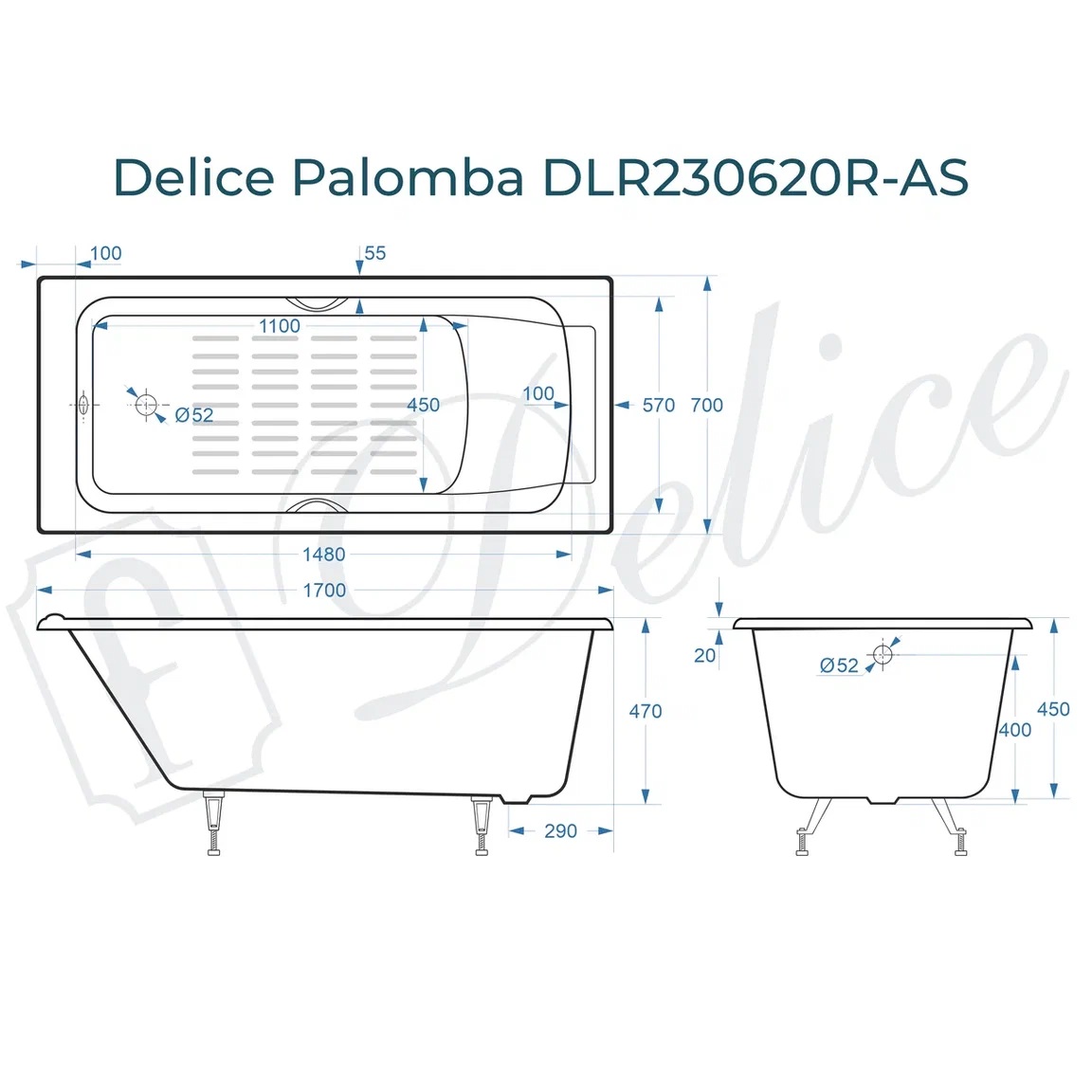 Ванна чугунная Delice Palomba DLR230620R-AS 170х70 (белый), встраиваемая с антискользящим покрытием и отверстиями под ручки