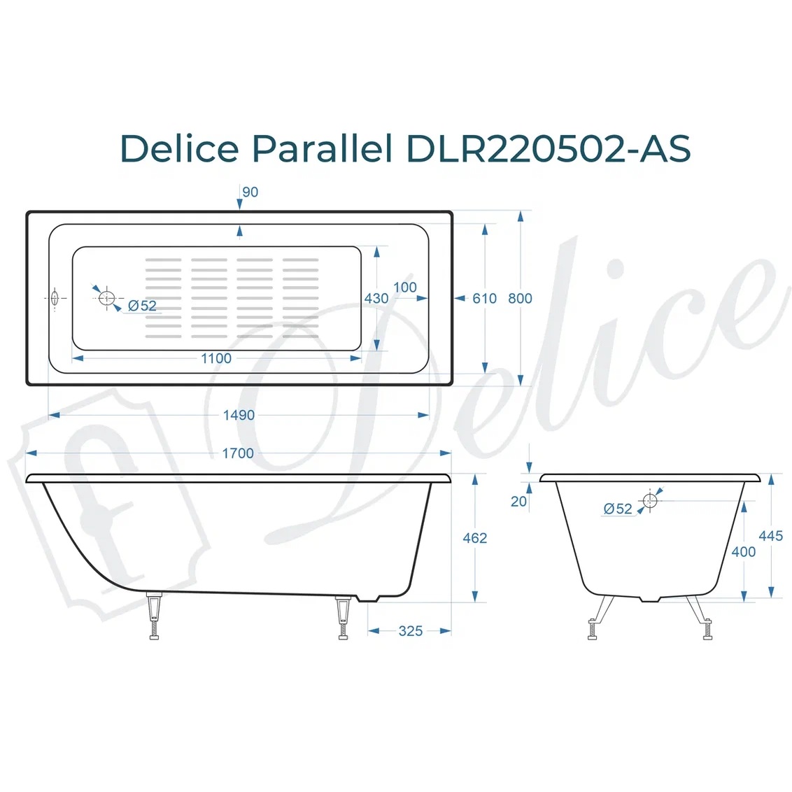 Ванна чугунная Delice Parallel DLR220502-AS 170х80 (белый), встраиваемая с антискользящим покрытием