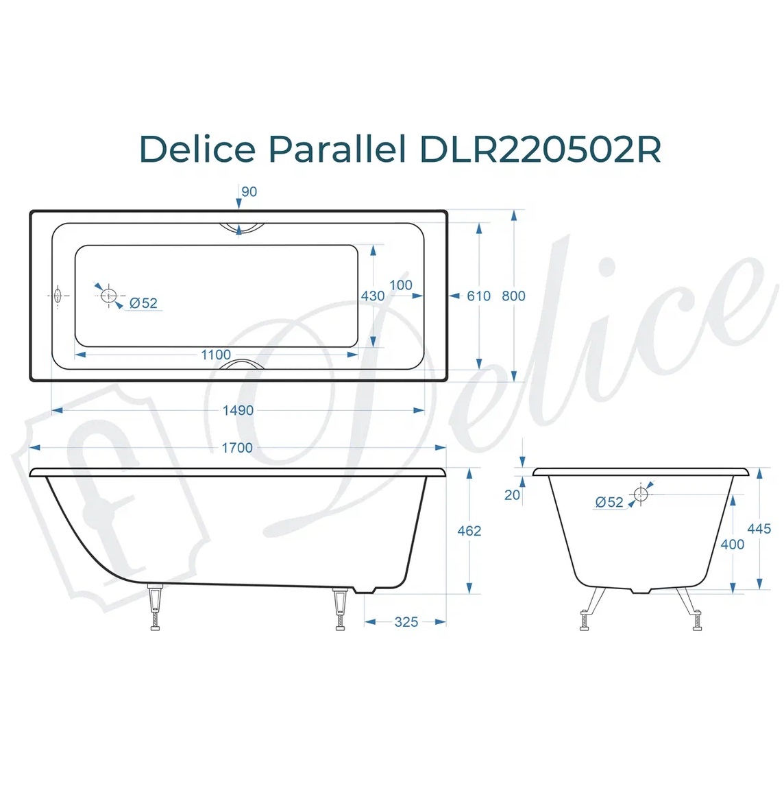 Ванна чугунная Delice Parallel DLR220502R 170х80 (белый), встраиваемая с ручками