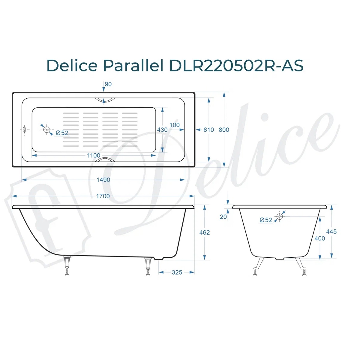 Ванна чугунная Delice Parallel DLR220502R-AS 170х80 (белый), встраиваемая с антискользящим покрытием и  ручками