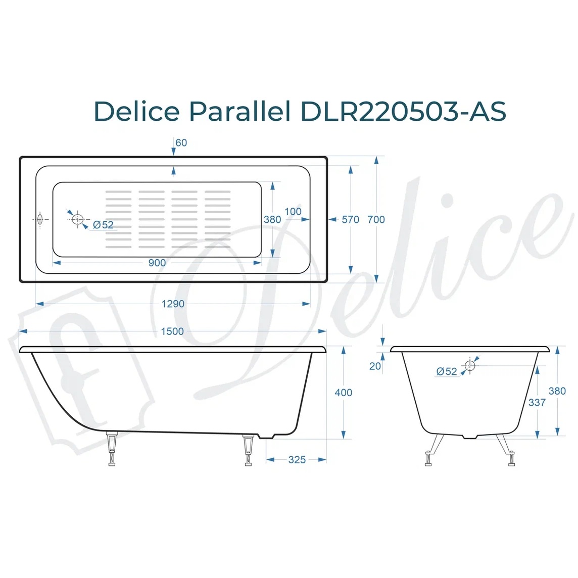 Ванна чугунная Delice Parallel DLR220503-AS 150х70 (белый), встраиваемая с антискользящим покрытием