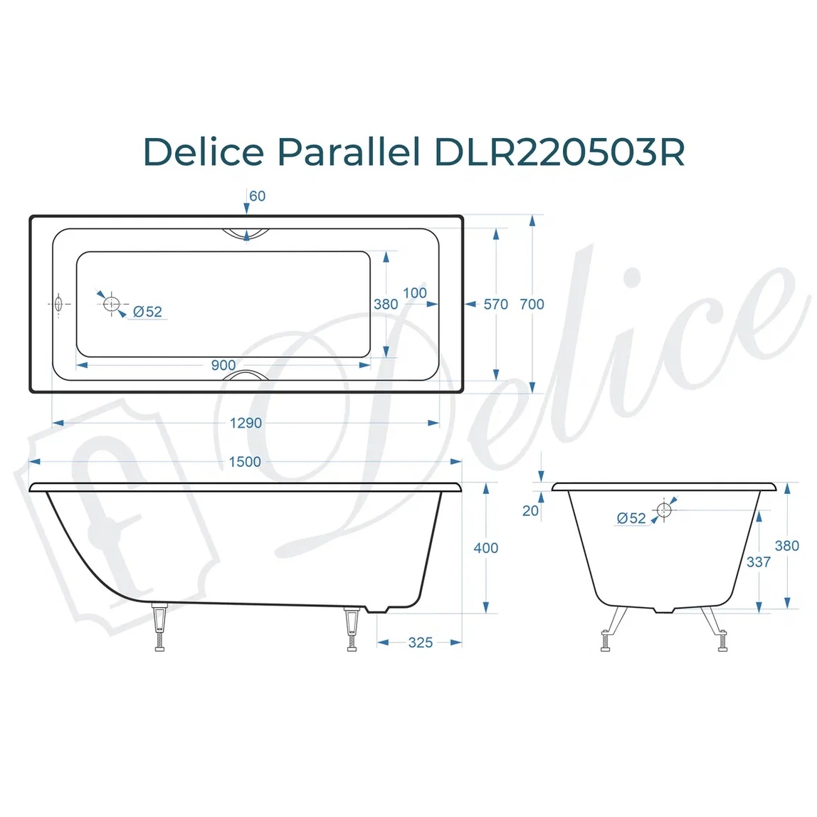 Ванна чугунная Delice Parallel DLR220503R 150х70 (белый), встраиваемая с ручками