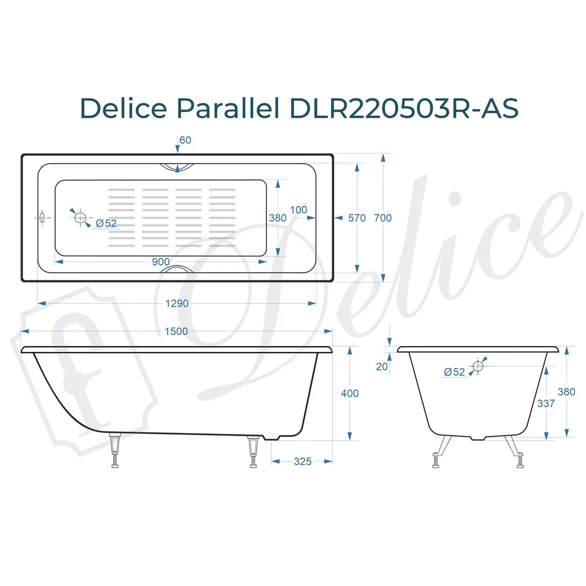 Ванна чугунная Delice Parallel DLR220503R-AS 150х70 (белый), встраиваемая с антискользящим покрытием и ручками