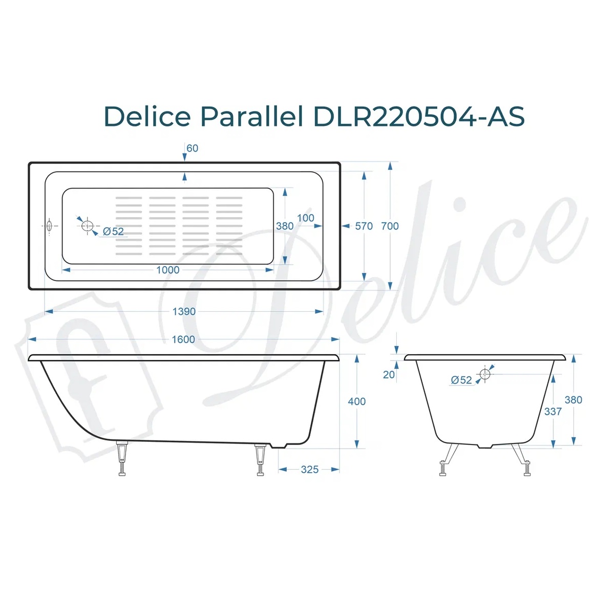 Ванна чугунная Delice Parallel DLR220504-AS 160х70 (белый), встраиваемая с антискользящим покрытием