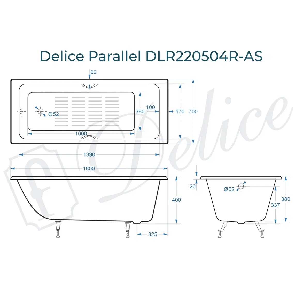 Ванна чугунная Delice Parallel DLR220504R-AS 160х70 (белый), встраиваемая с антискользящим покрытием и ручками