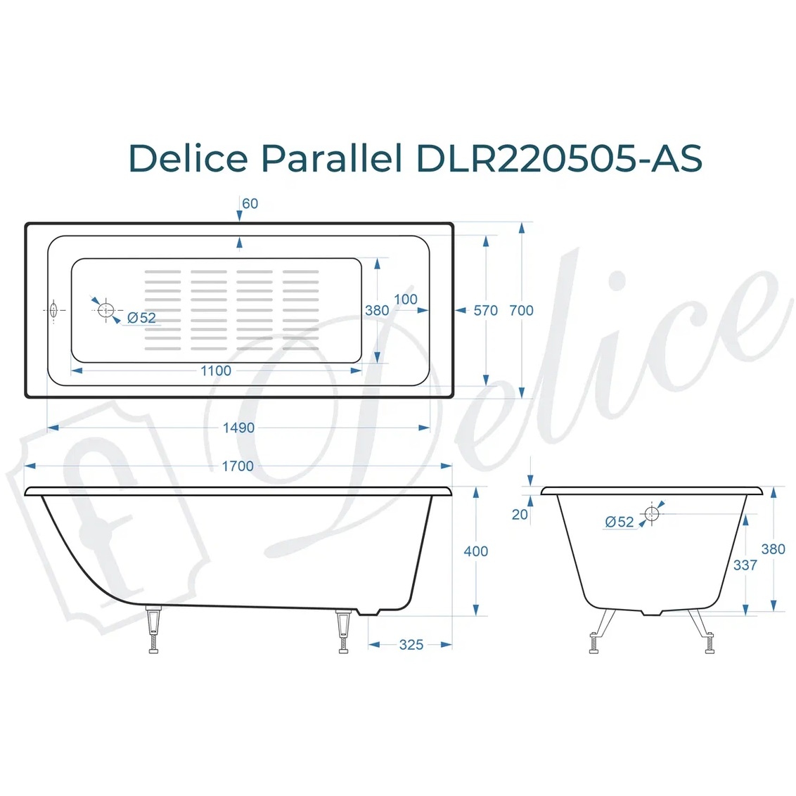 Ванна чугунная Delice Parallel DLR220505-AS 170х70 (белый), встраиваемая с антискользящим покрытием