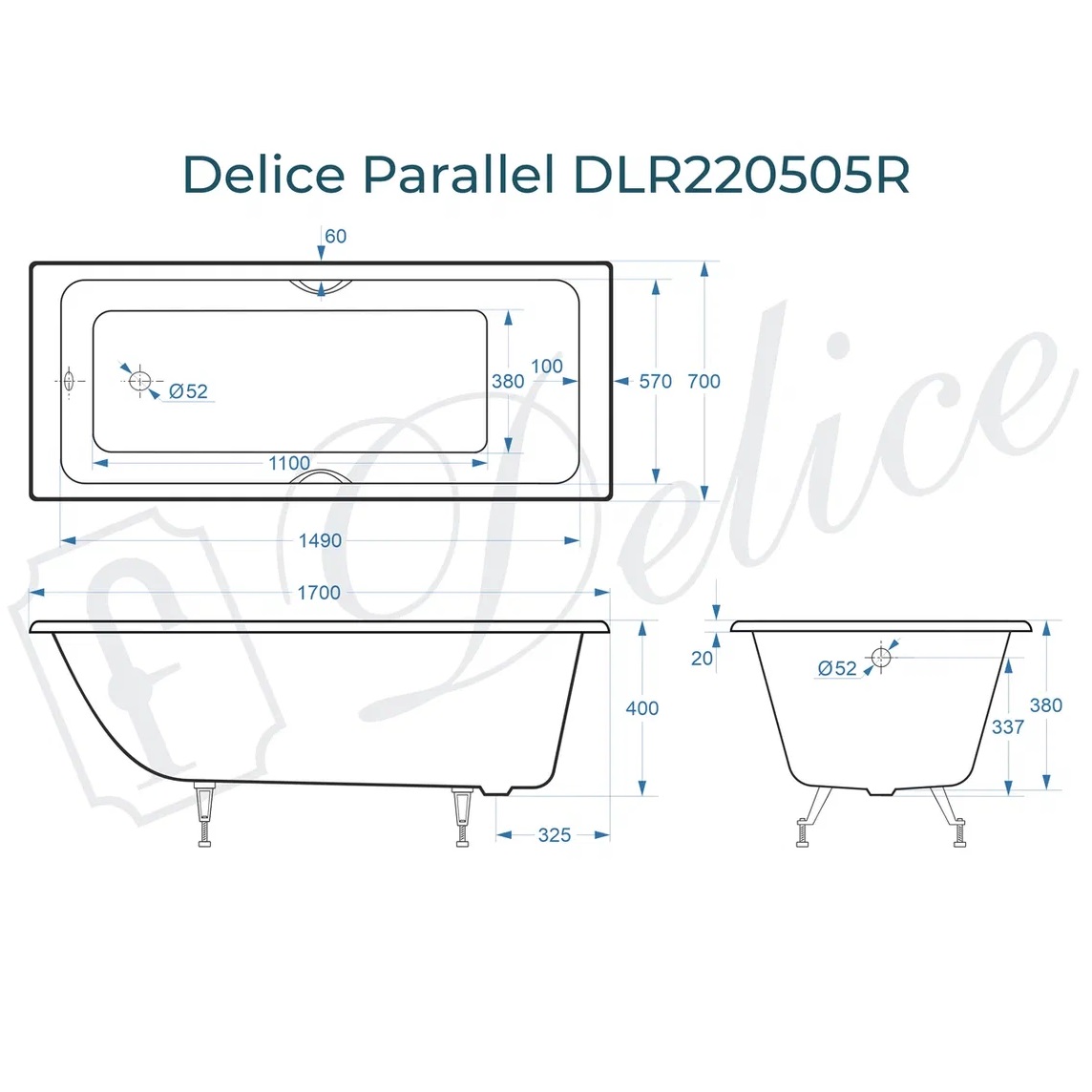 Ванна чугунная Delice Parallel DLR220505R 170х70 (белый), встраиваемая с ручками