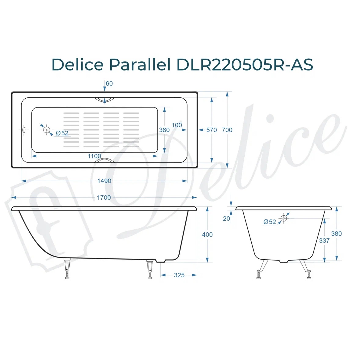 Ванна чугунная Delice Parallel DLR220505R-AS 170х70 (белый), встраиваемая с антискользящим покрытием и ручками