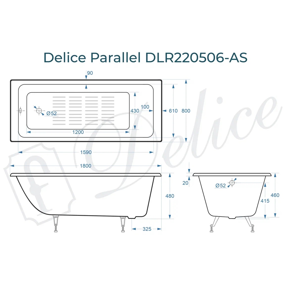 Ванна чугунная Delice Parallel DLR220506-AS 180х80 (белый), встраиваемая с антискользящим покрытием