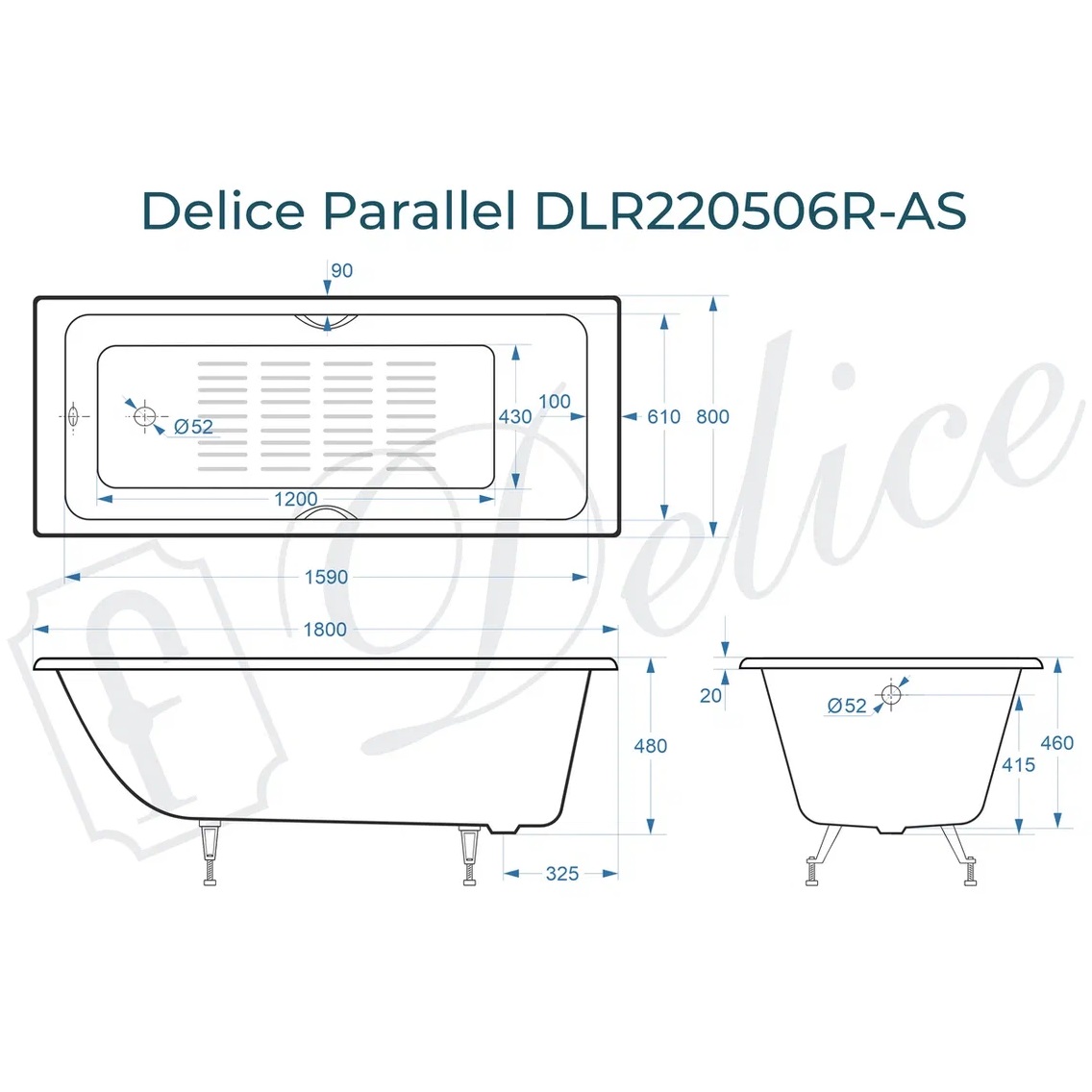 Ванна чугунная Delice Parallel DLR220506R 180х80 (белый), встраиваемая с антискользящим покрытием и ручками