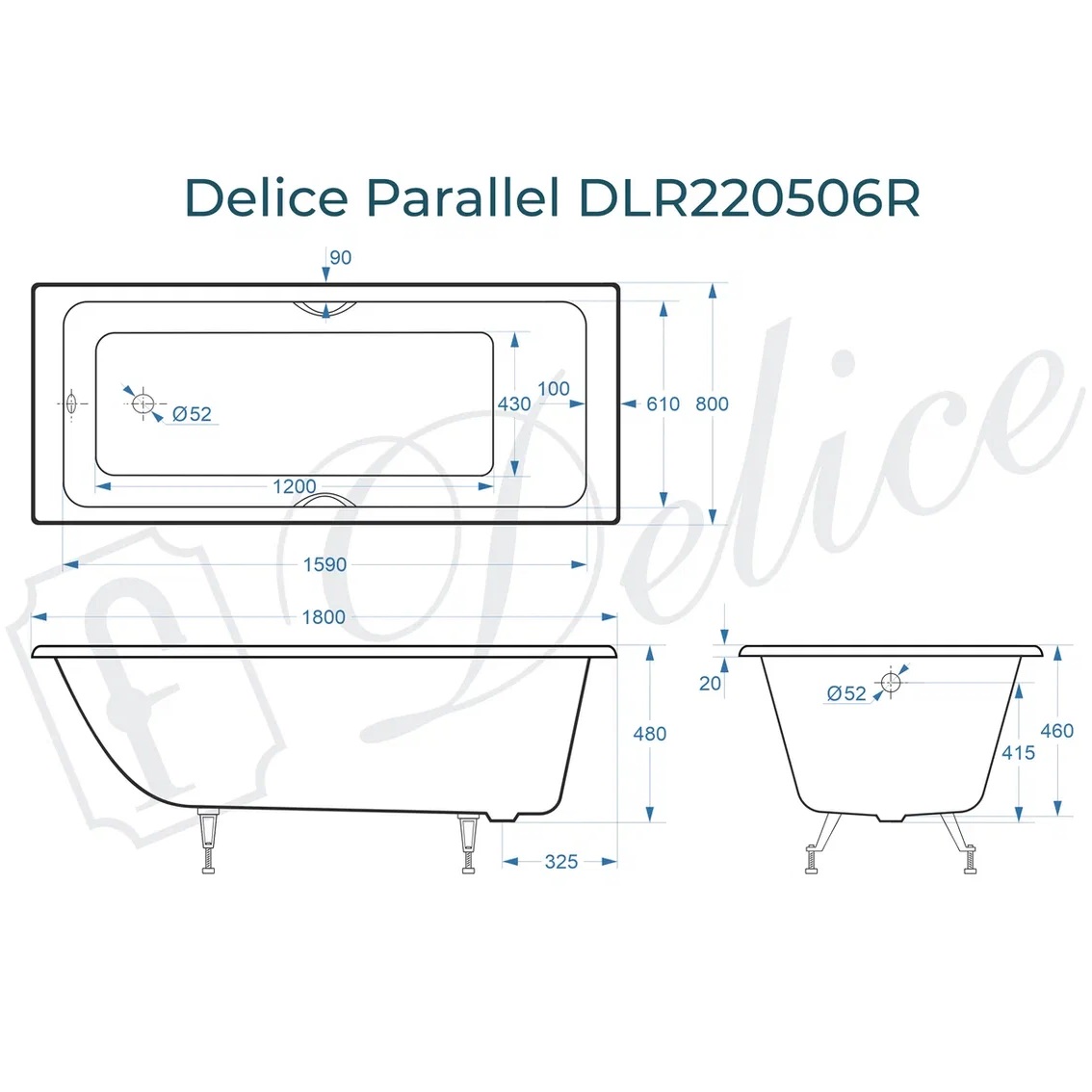 Ванна чугунная Delice Parallel DLR220506R 180х80 (белый), встраиваемая с ручками