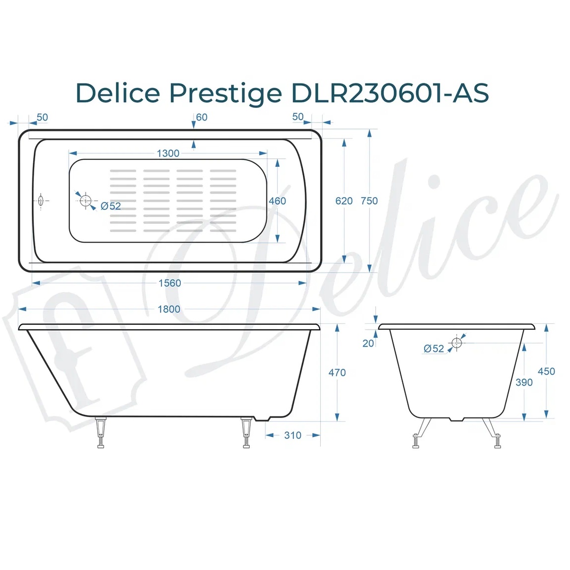 Ванна чугунная Delice Prestige DLR230601-AS 180х75 (белый), встраиваемая с антискользящим покрытием