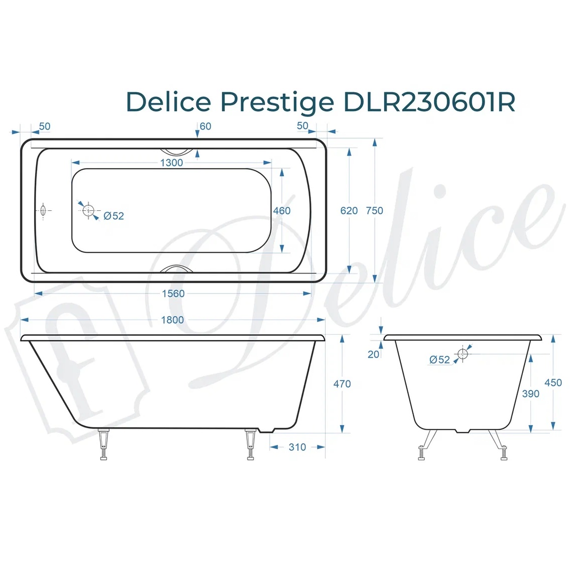 Ванна чугунная Delice Prestige DLR230601R 180х75 (белый), встраиваемая с отверстиями под ручки