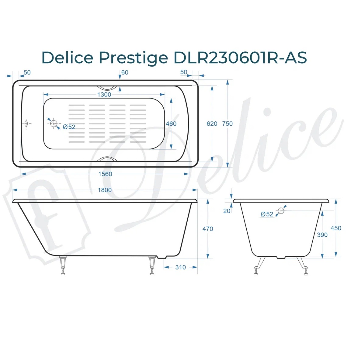 Ванна чугунная Delice Prestige DLR230601R-AS 180х75 (белый), встраиваемая с антискользящим покрытием и отверстиями под ручки