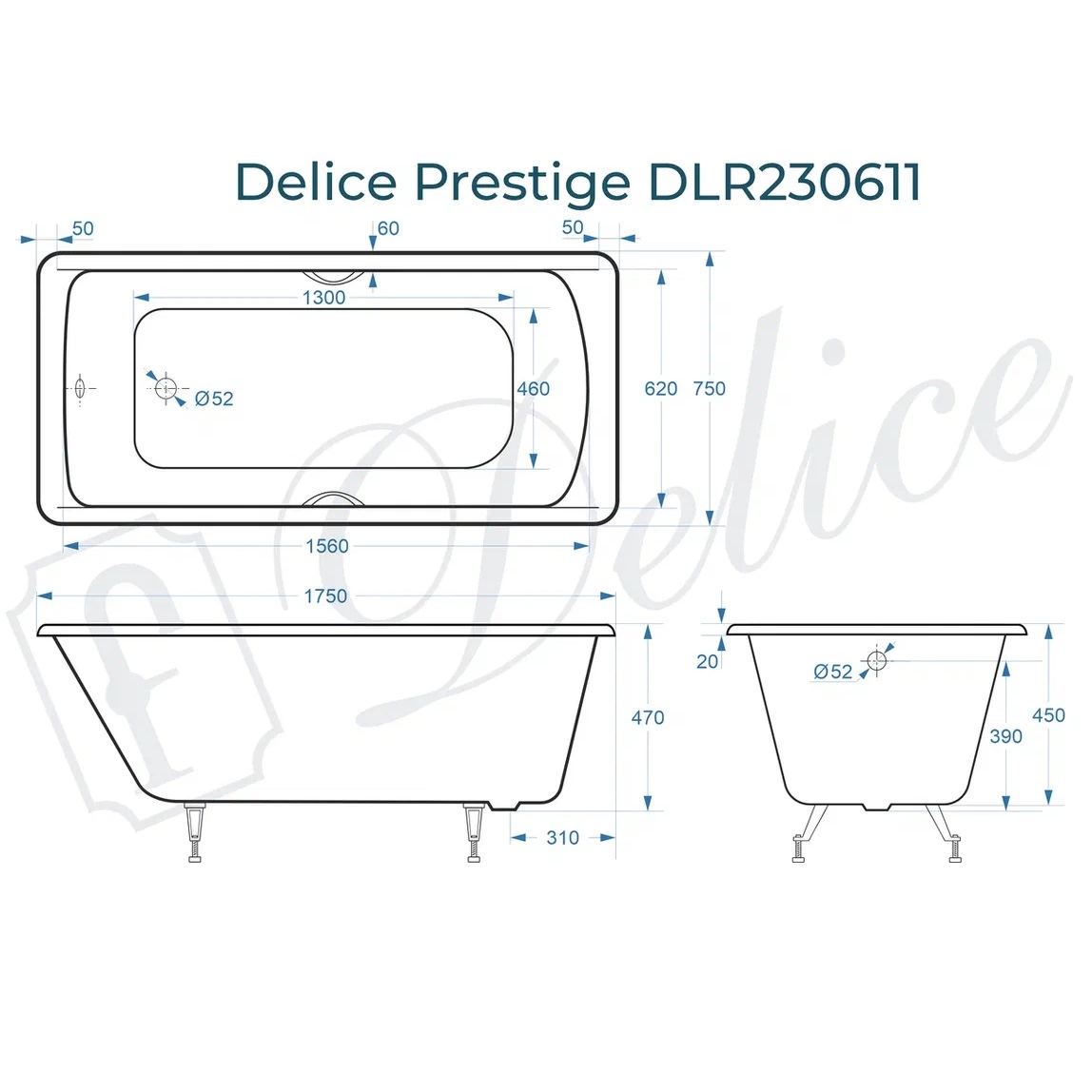 Ванна чугунная Delice Prestige DLR230611 175х75 (белый), встраиваемая