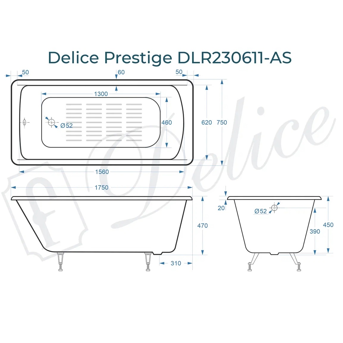 Ванна чугунная Delice Prestige DLR230611-AS 175х75 (белый), встраиваемая с антискользящим покрытием