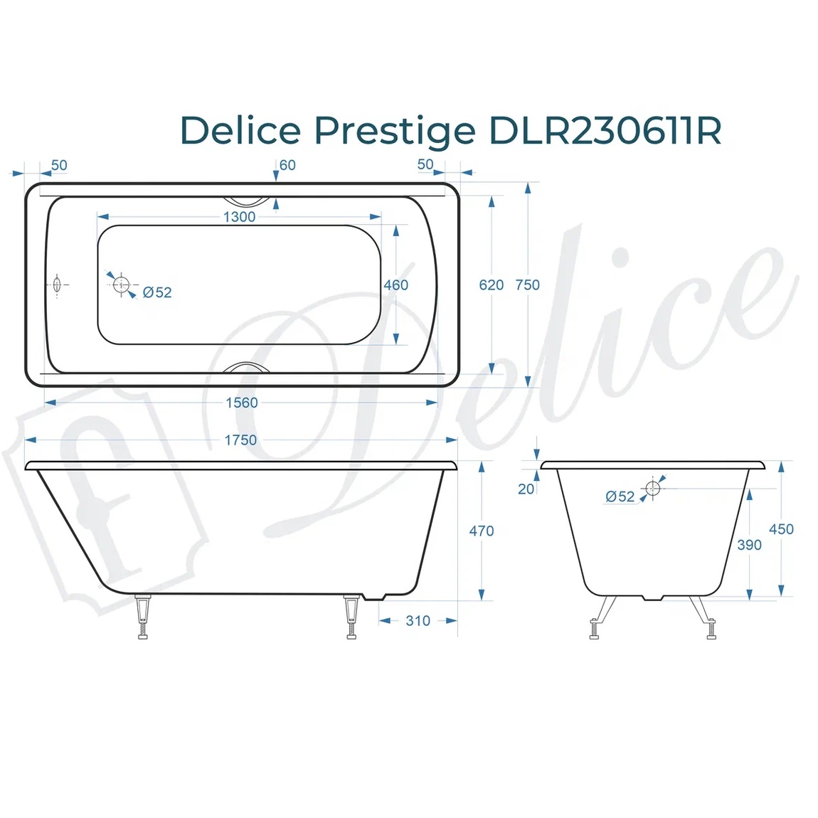 Ванна чугунная Delice Prestige DLR230611R 175х75 (белый), встраиваемая с отверстиями под ручки