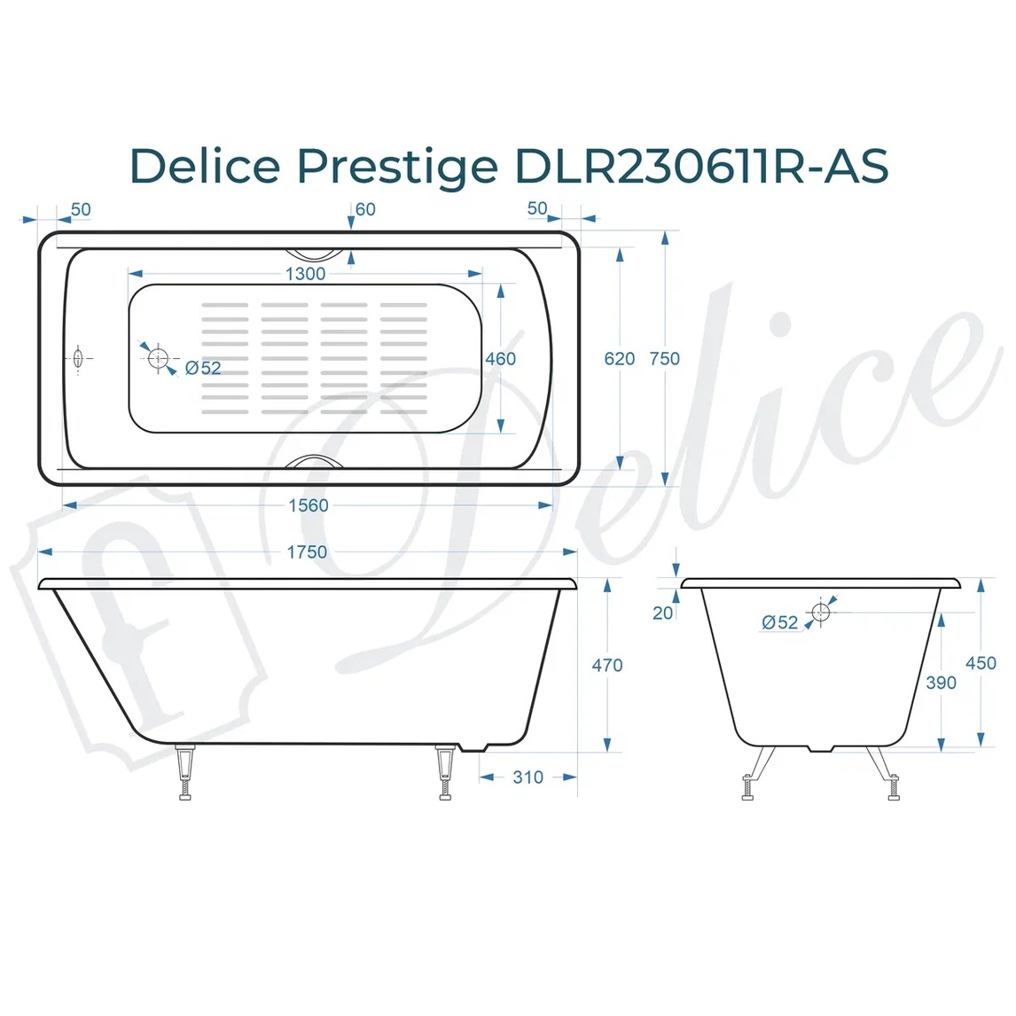 Ванна чугунная Delice Prestige DLR230611R-AS 175х75 (белый), встраиваемая с антискользящим покрытием и отверстиями под ручки