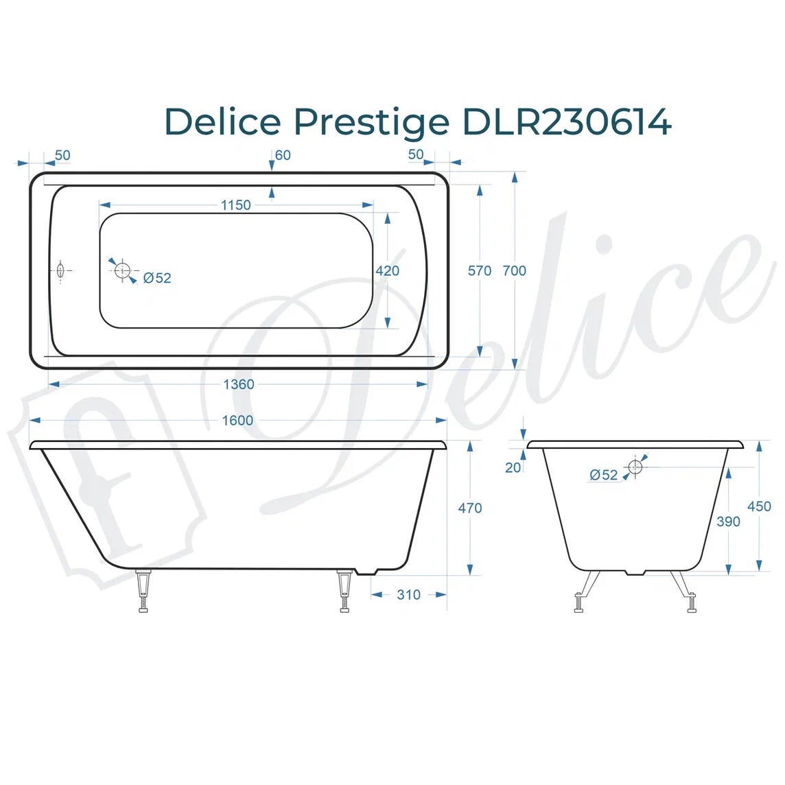 Ванна чугунная Delice Prestige DLR230614 160х70 (белый), встраиваемая