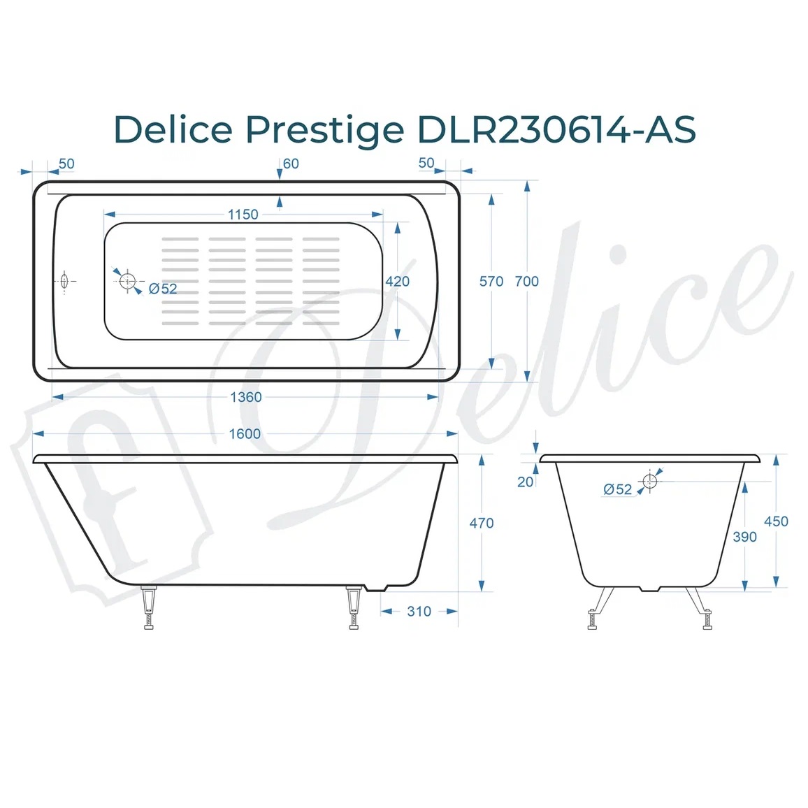 Ванна чугунная Delice Prestige DLR230614-AS 160х70 (белый), встраиваемая с антискользящим покрытием