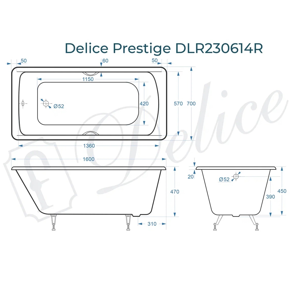 Ванна чугунная Delice Prestige DLR230614R 160х70 (белый), встраиваемая с отверстиями под ручки