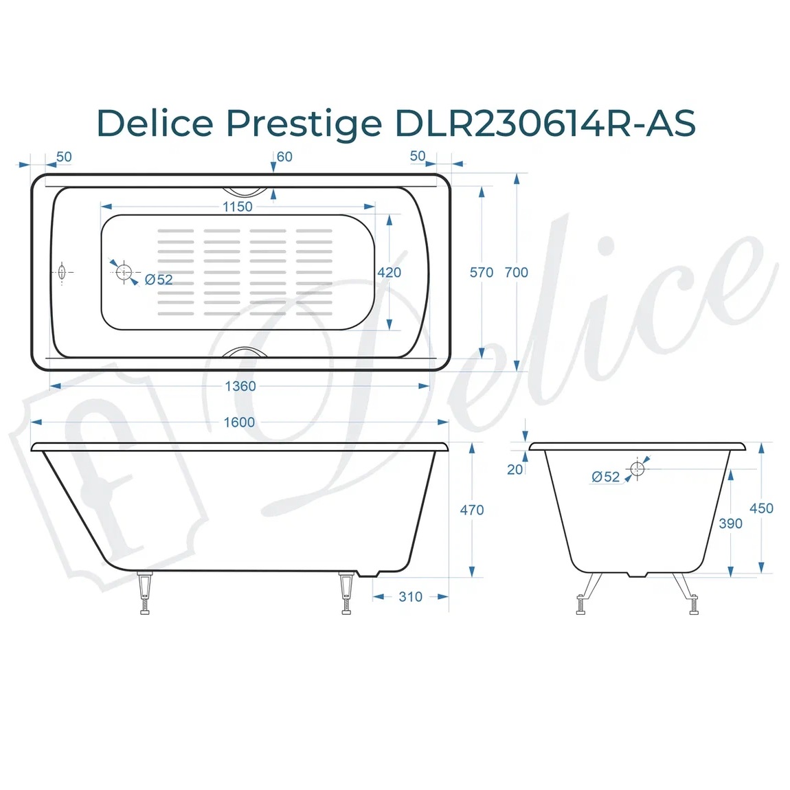 Ванна чугунная Delice Prestige DLR230614R-AS 160х70 (белый), встраиваемая с антискользящим покрытием и отверстиями под ручки