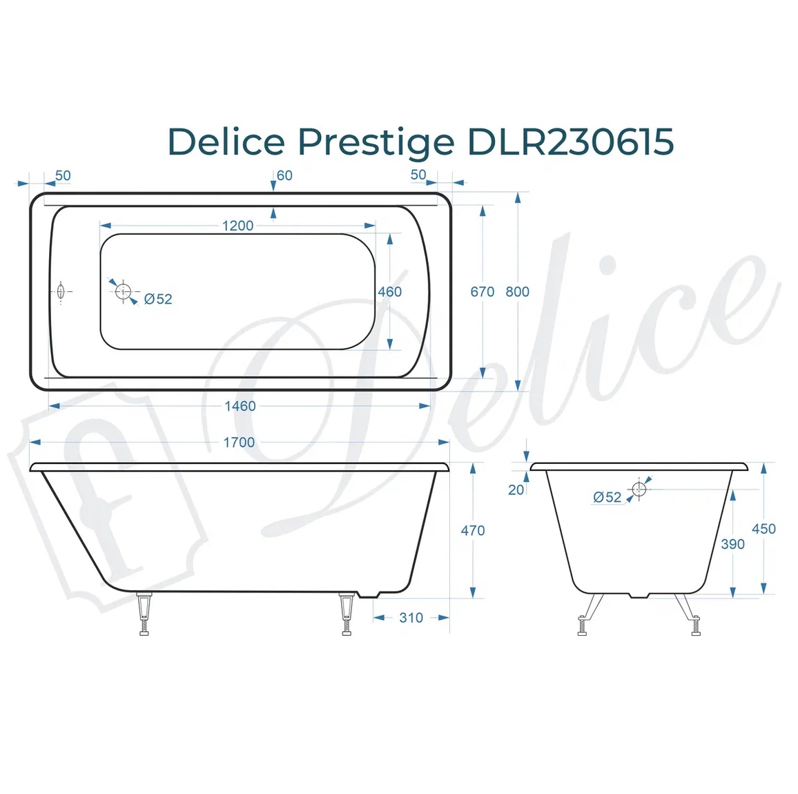 Ванна чугунная Delice Prestige DLR230615 170х80 (белый), встраиваемая